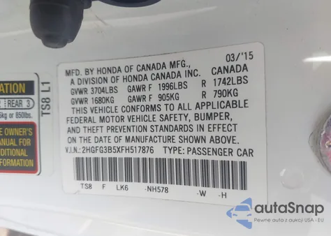 2015 Honda Civic Lx from USA, damaged, VIN 2HGFG3B5XFH517876